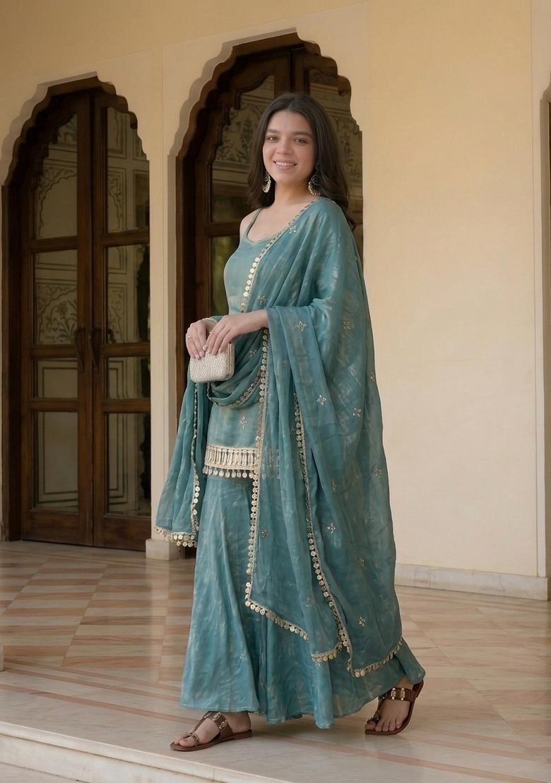 Sky Blue Sequin Work Silk Kurta Set - Indya