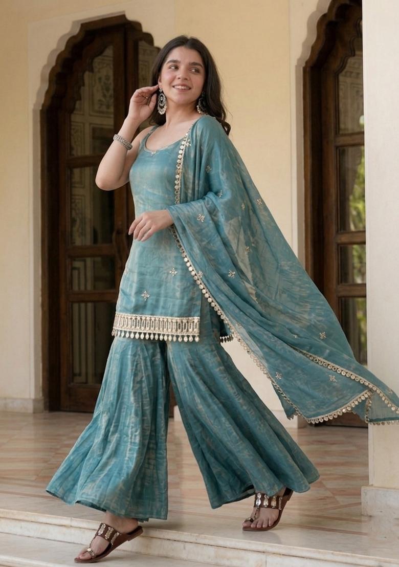 Sky Blue Sequin Work Silk Kurta Set - Indya