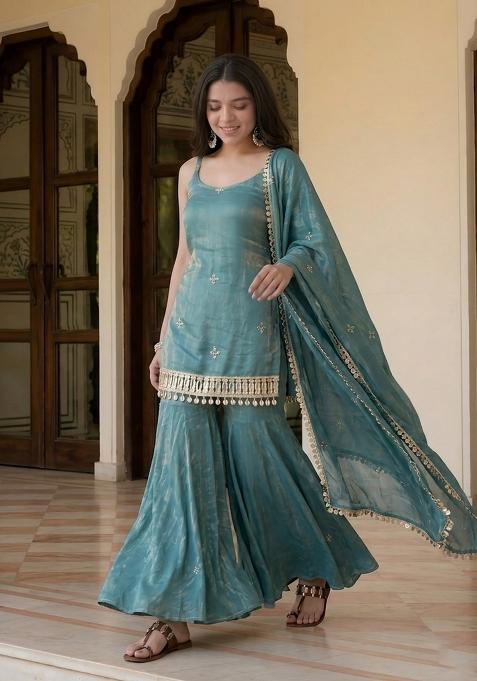 Sky Blue Sequin Work Silk Kurta Set