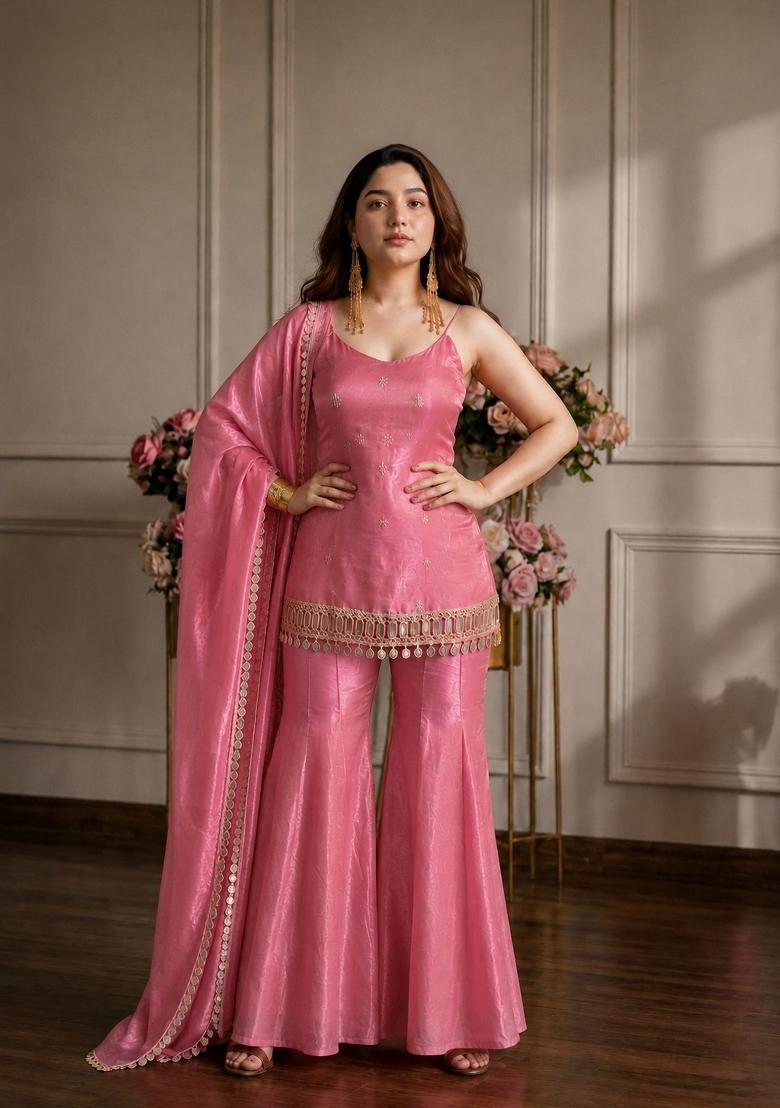 Pink Sequin Work Silk Kurta Set - Indya