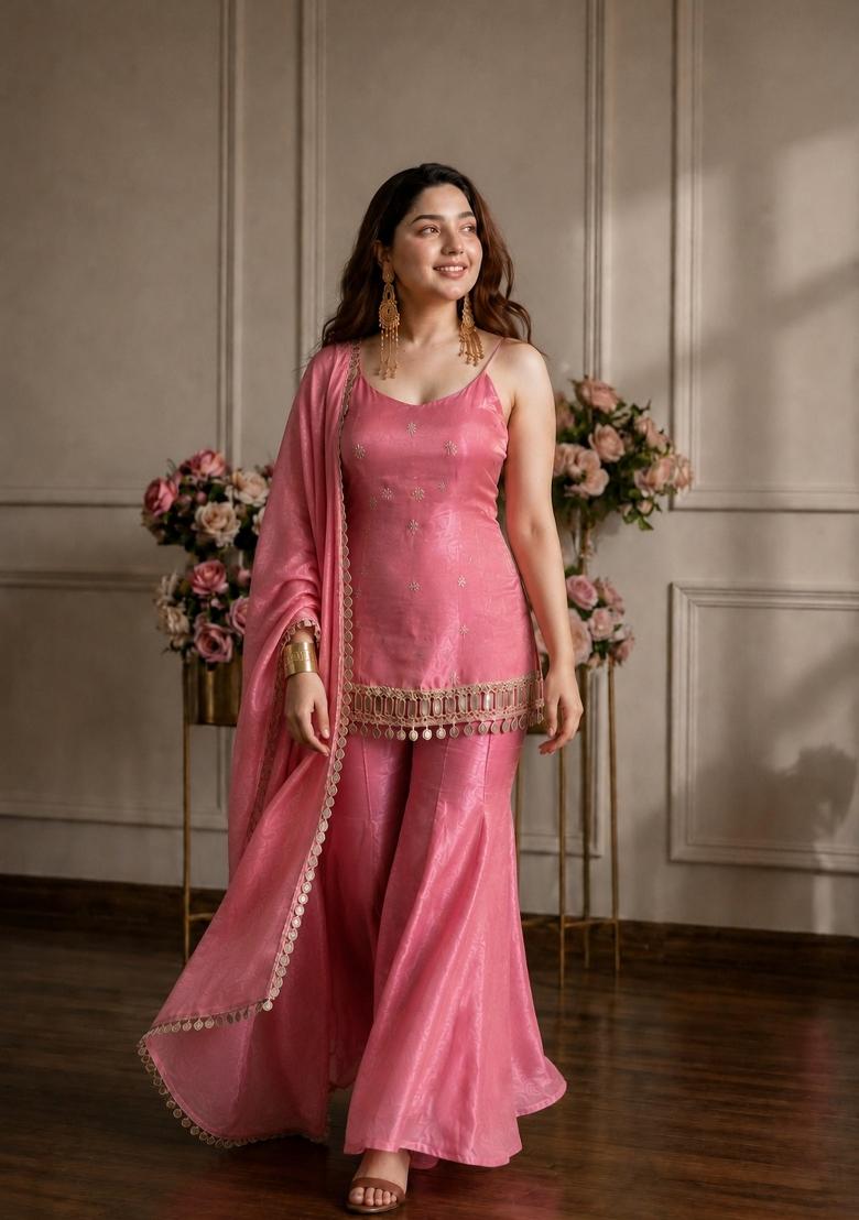 Pink Sequin Work Silk Kurta Set - Indya