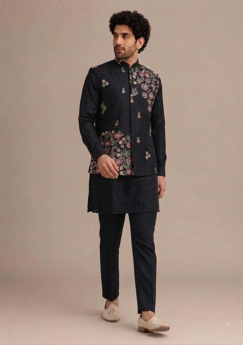 Black Sequin Work Silk Kurta Set - Indya