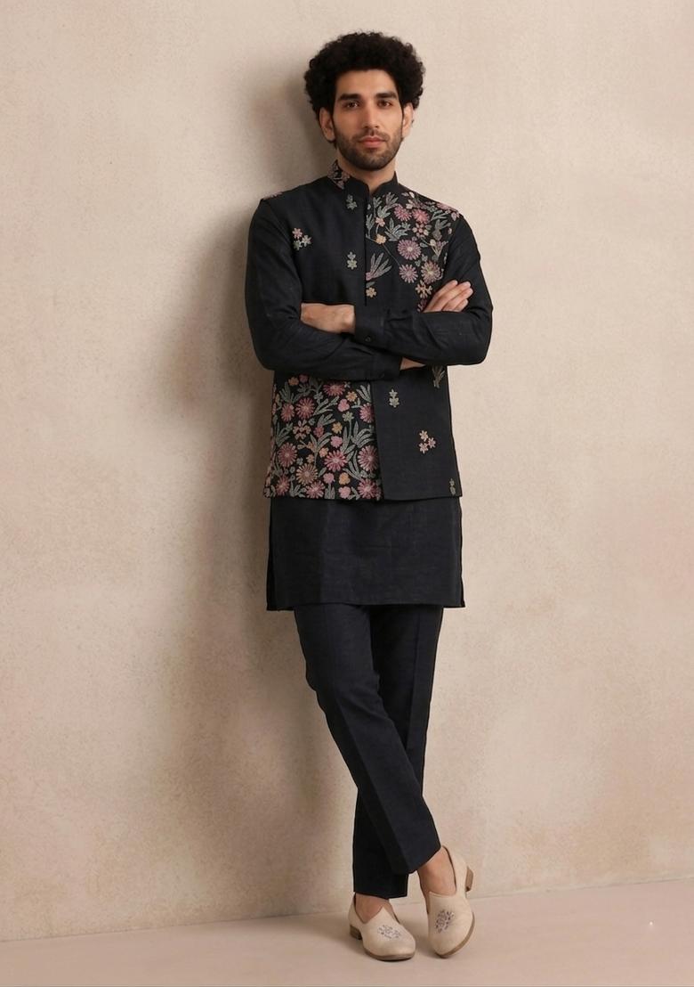 Black Sequin Work Silk Kurta Set - Indya