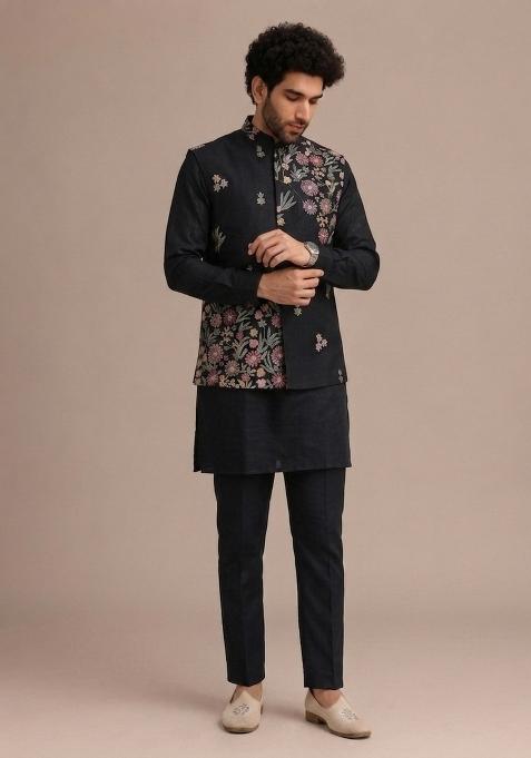 Black Sequin Work Silk Kurta Set