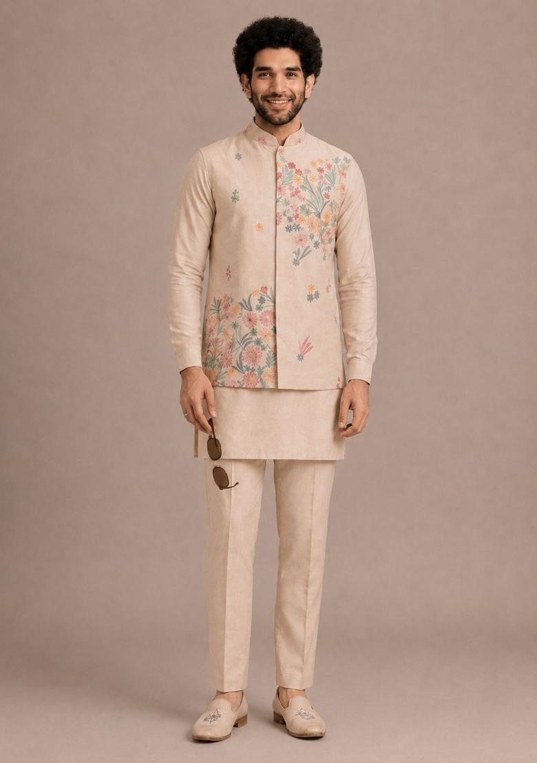 Cream Sequin Work Silk Kurta Set - Indya