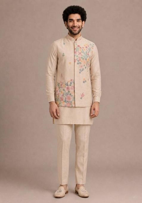 Cream Sequin Work Silk Kurta Set