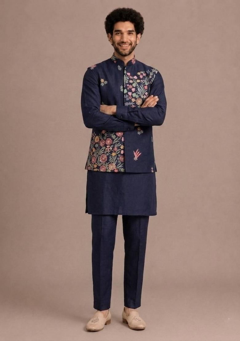 Blue Sequin Work Silk Kurta Set - Indya