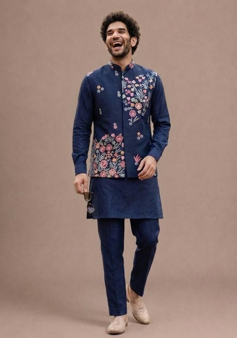 Blue Sequin Work Silk Kurta Set - Indya