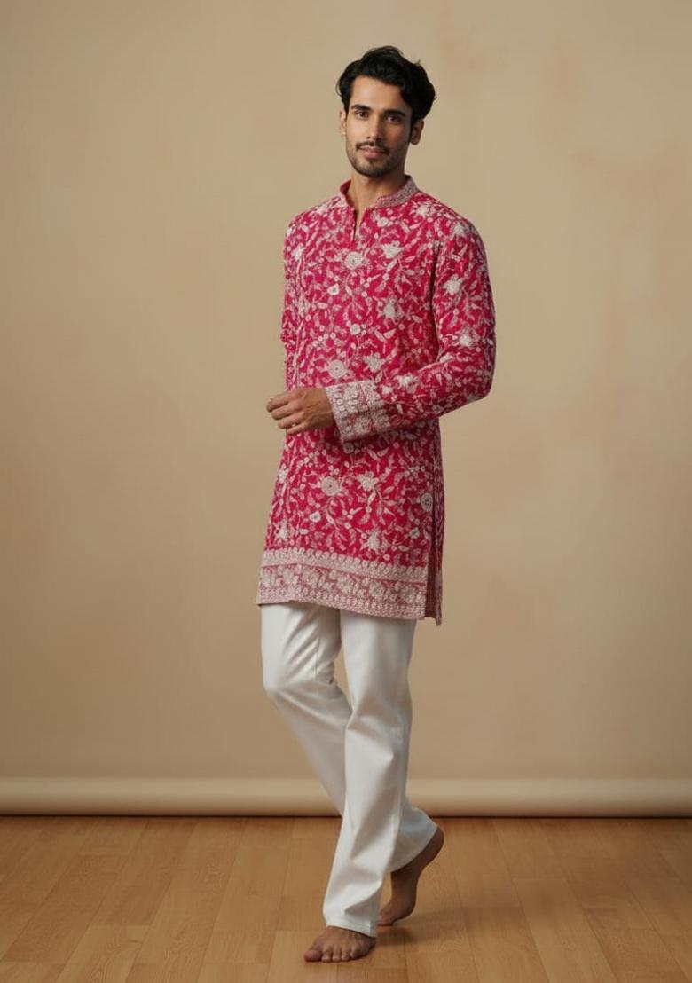 Pink Sequin Work Silk Kurta Set - Indya