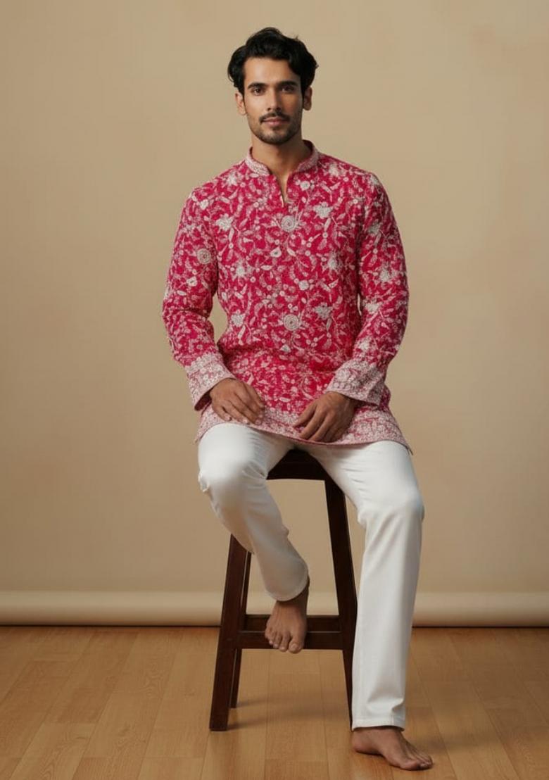 Pink Sequin Work Silk Kurta Set - Indya