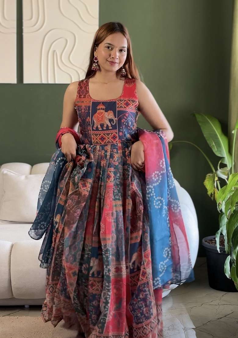 Multi Printed Organza Gown - Indya
