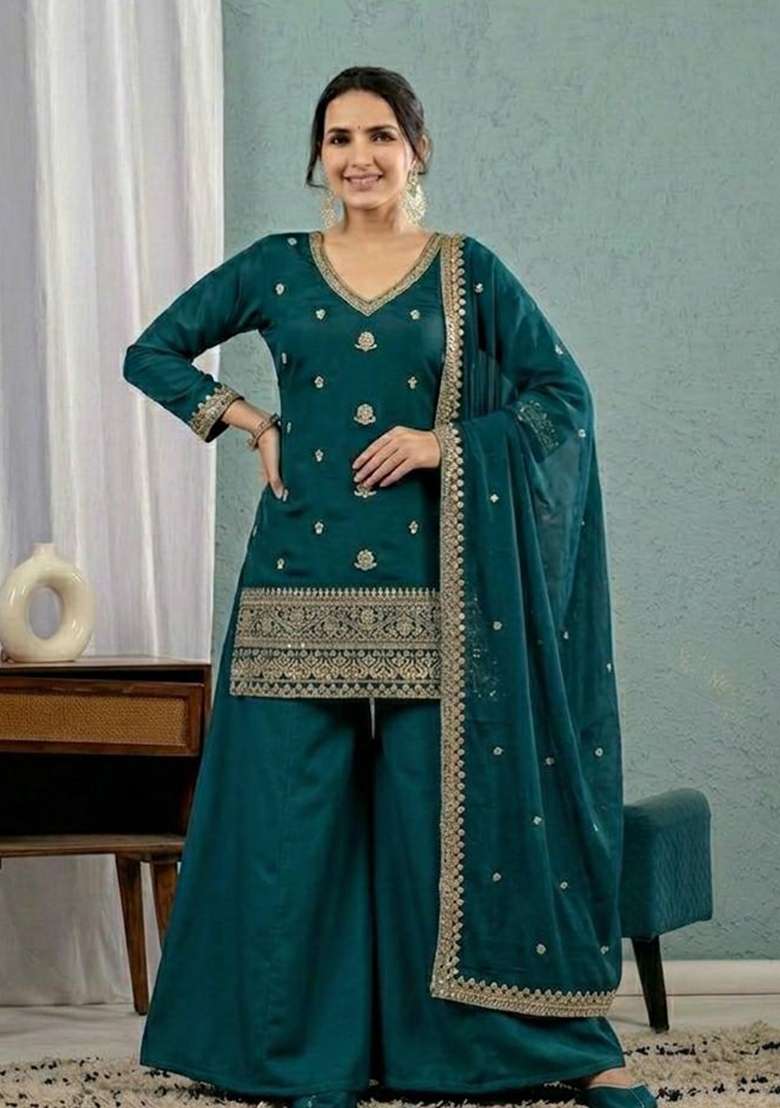 Green Embroidered Silk Sharara Set - Indya