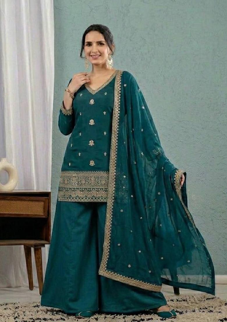 Green Embroidered Silk Sharara Set - Indya