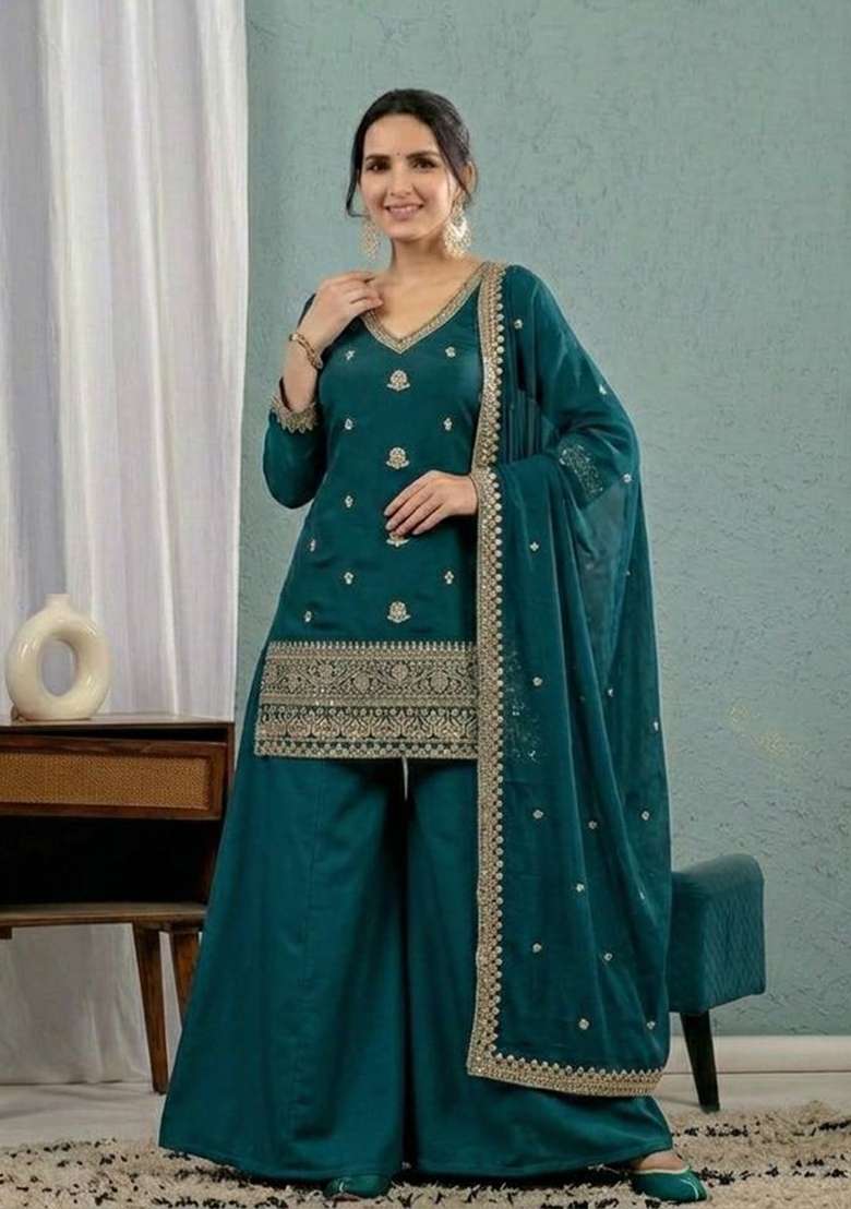 Green Embroidered Silk Sharara Set - Indya