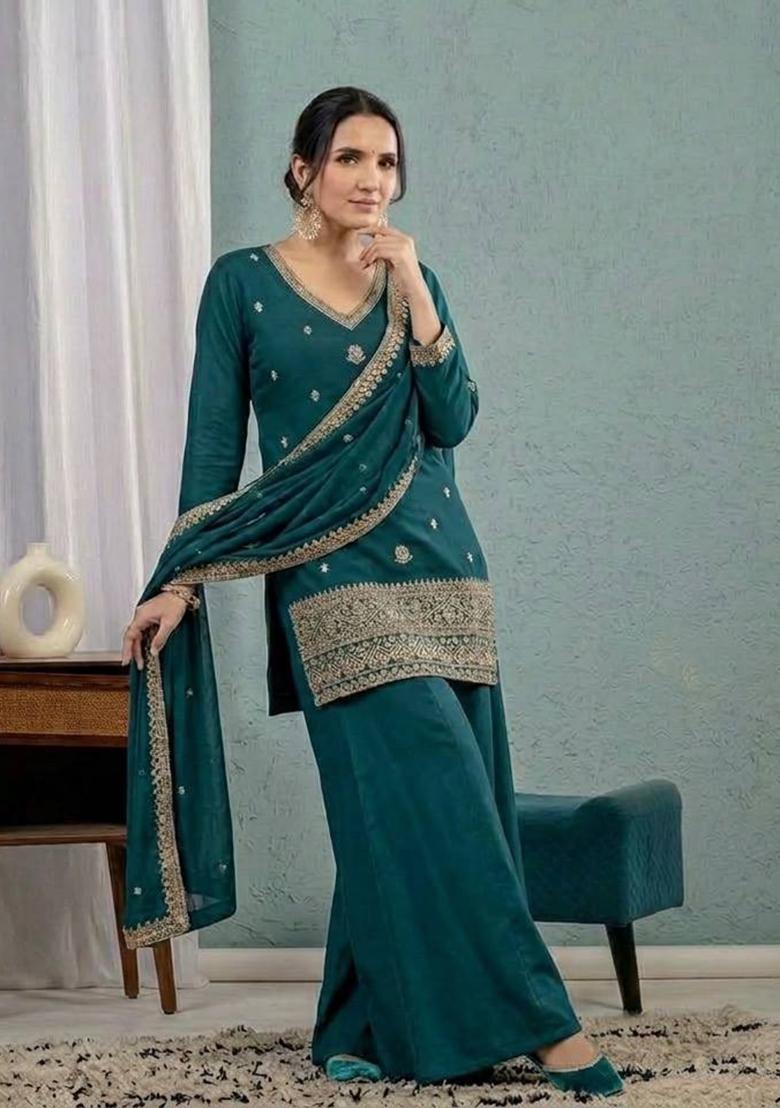 Green Embroidered Silk Sharara Set - Indya