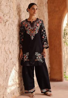 Black Embroidered Silk Palazzo Set