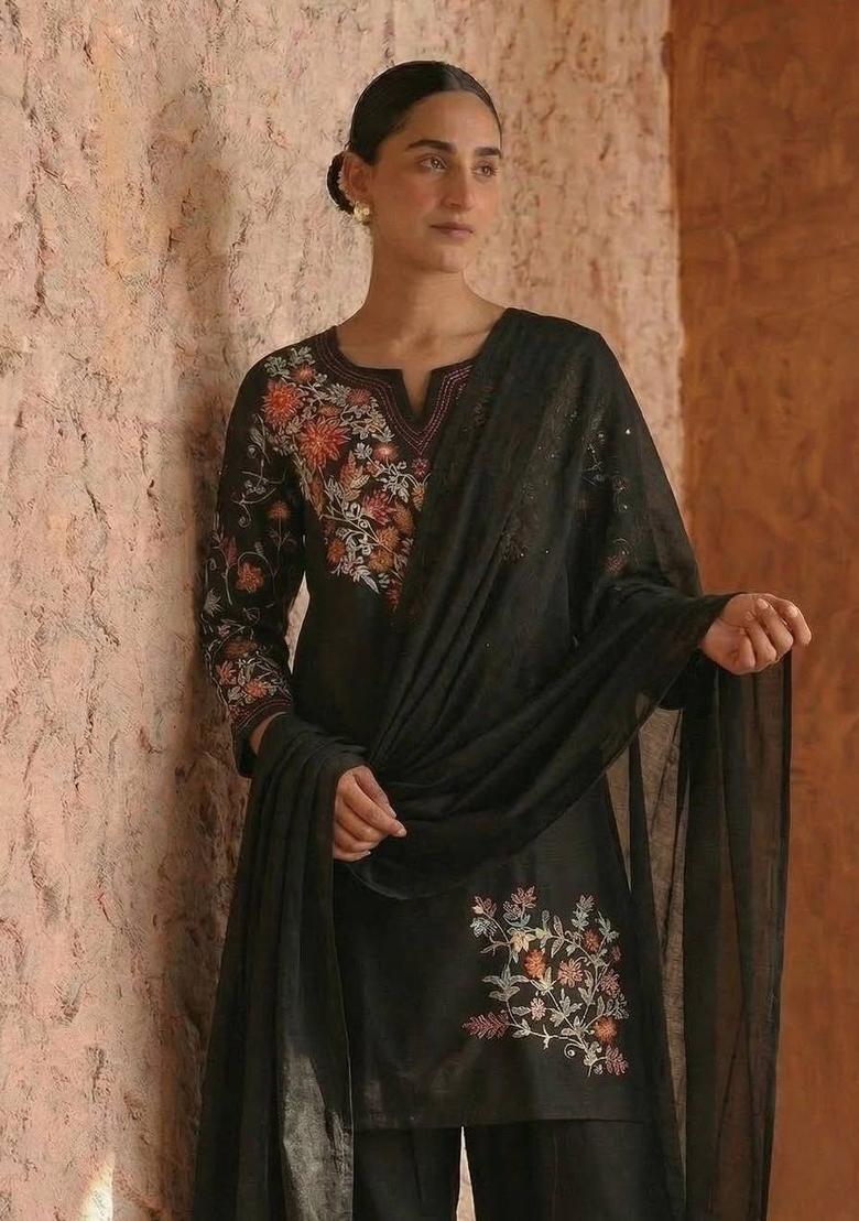 Black Embroidered Silk Palazzo Set - Indya