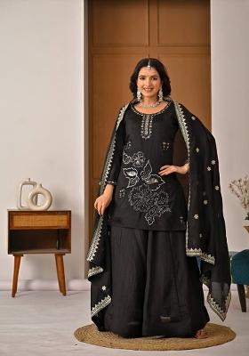 Black Hand Work Silk Sharara Set