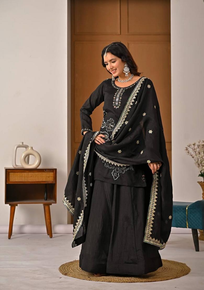 Black Hand Work Silk Sharara Set - Indya
