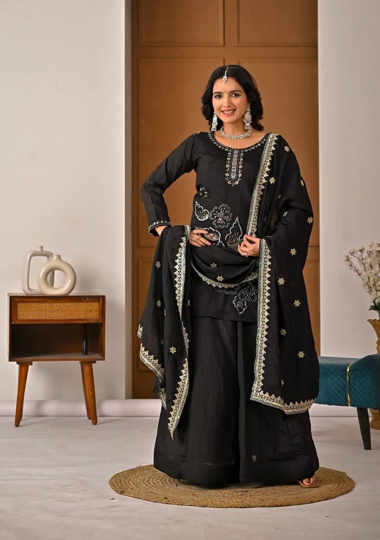 Black Hand Work Silk Sharara Set - Indya