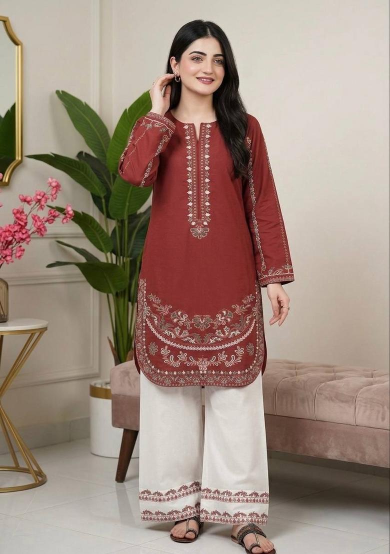 Red Embroidered Silk Sharara Set - Indya