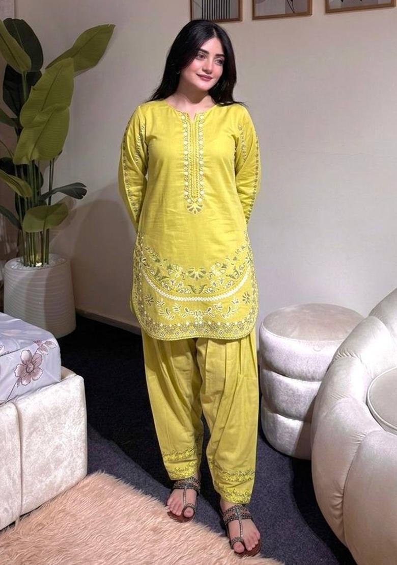 Yellow Embroidered Silk Sharara Set - Indya