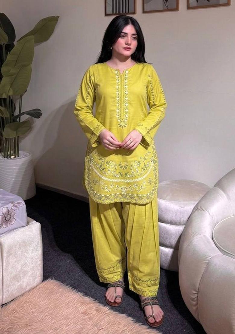 Yellow Embroidered Silk Sharara Set - Indya