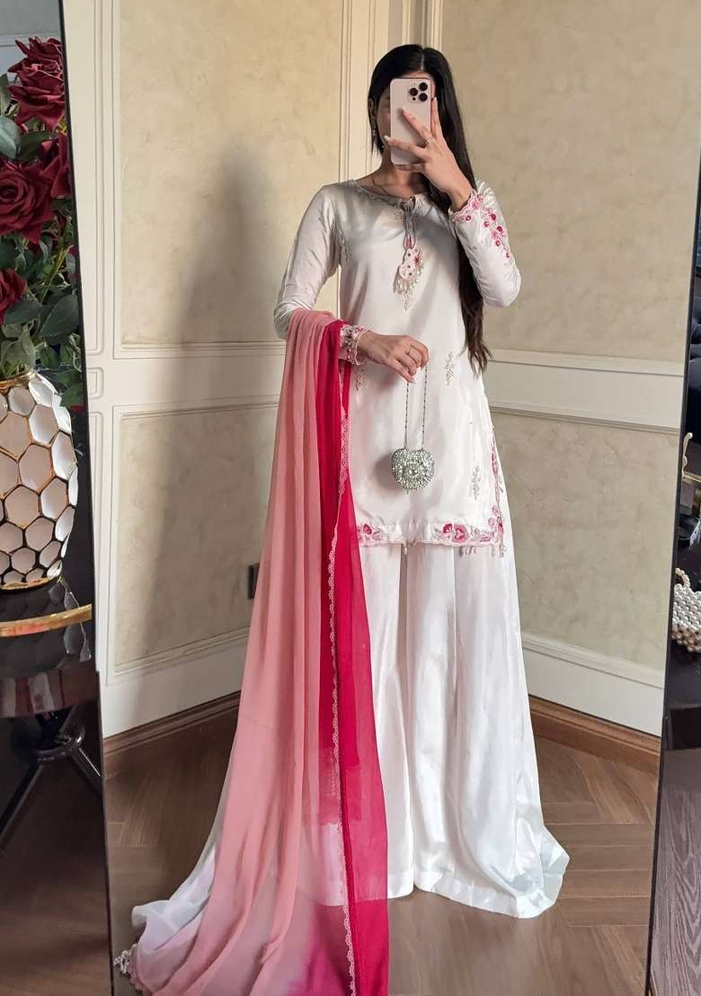 White Embroidered Crepe Sharara Set - Indya