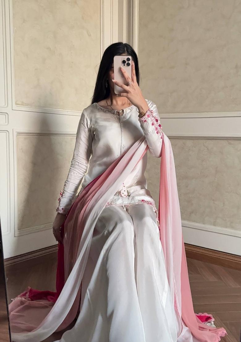 White Embroidered Crepe Sharara Set - Indya