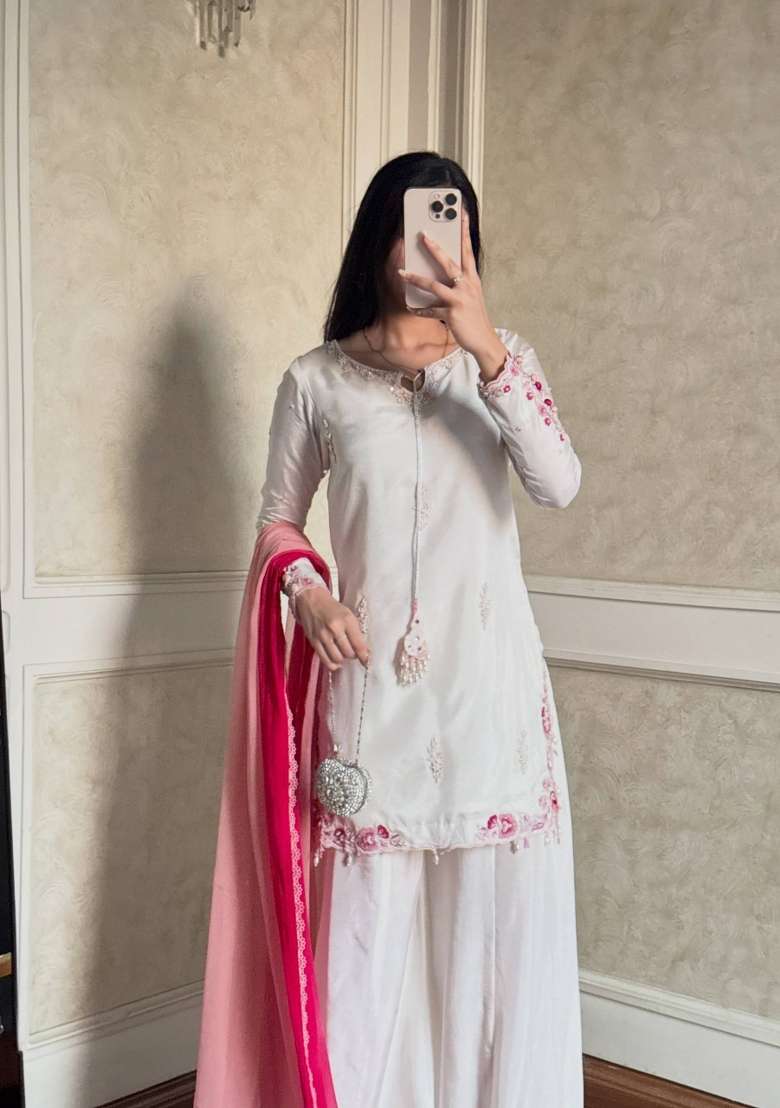 White Embroidered Crepe Sharara Set - Indya