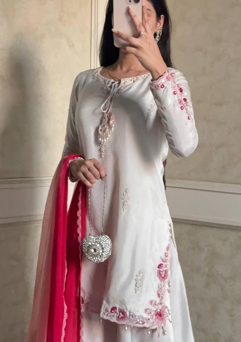 White Embroidered Crepe Sharara Set - Indya