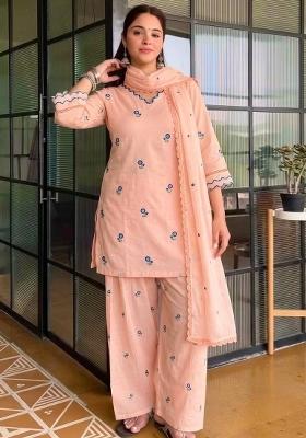 Peach Embroidered Chandheri Sharara Set