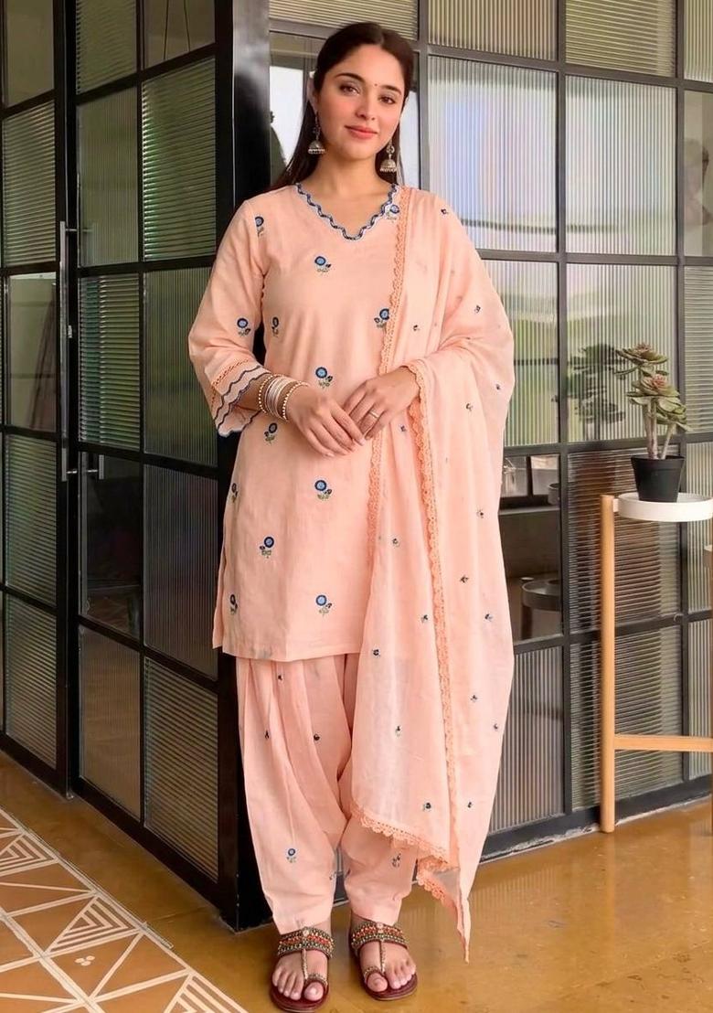 Peach Embroidered Chandheri Sharara Set - Indya