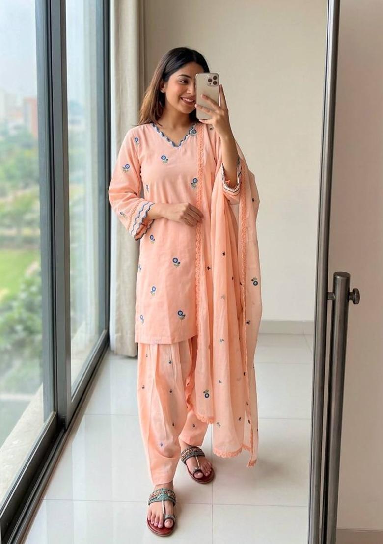 Peach Embroidered Chandheri Sharara Set - Indya