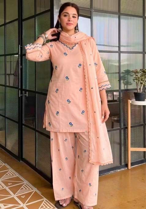 Peach Embroidered Chandheri Sharara Set