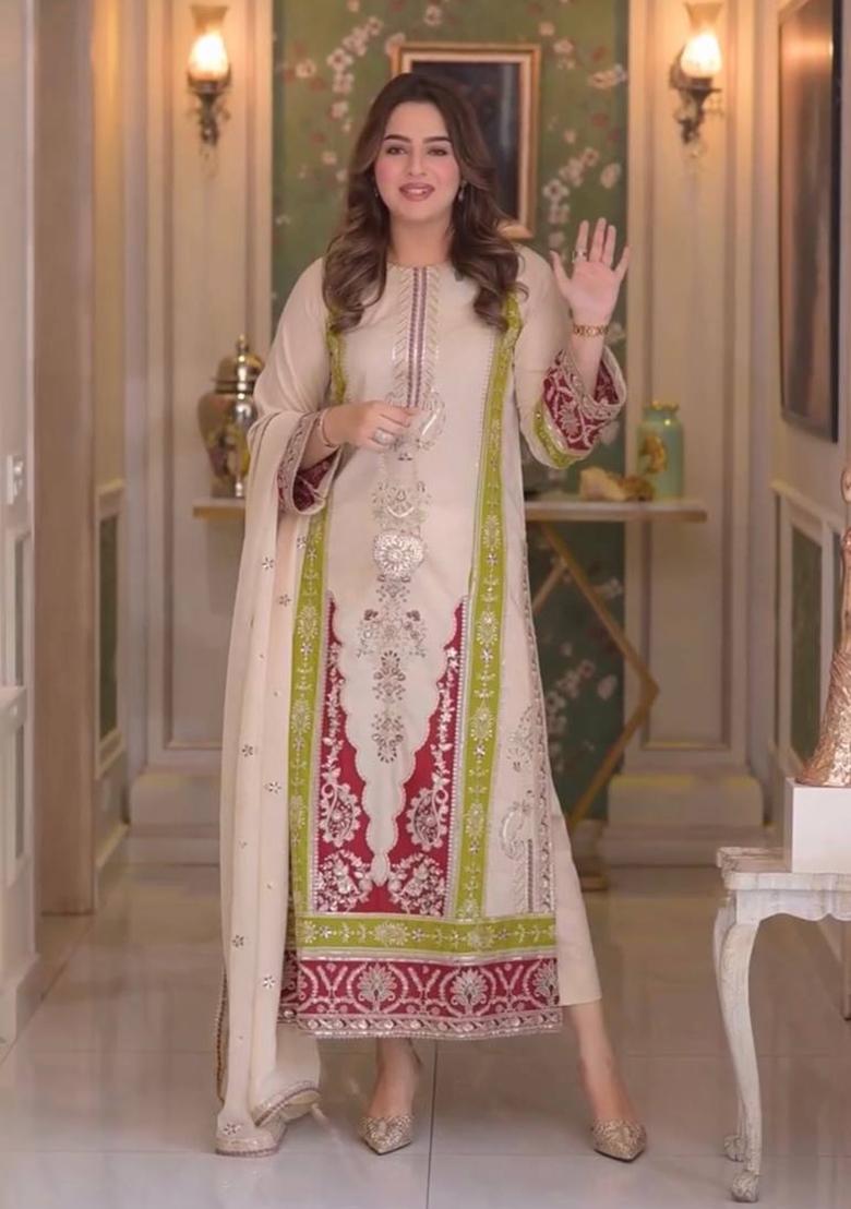 Cream Embroidered Silk Palazzo Set - Indya