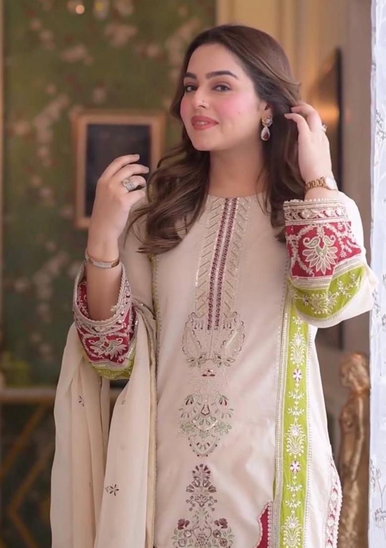 Cream Embroidered Silk Palazzo Set - Indya