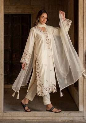 White Embroidered Roman Glass Palazzo Set