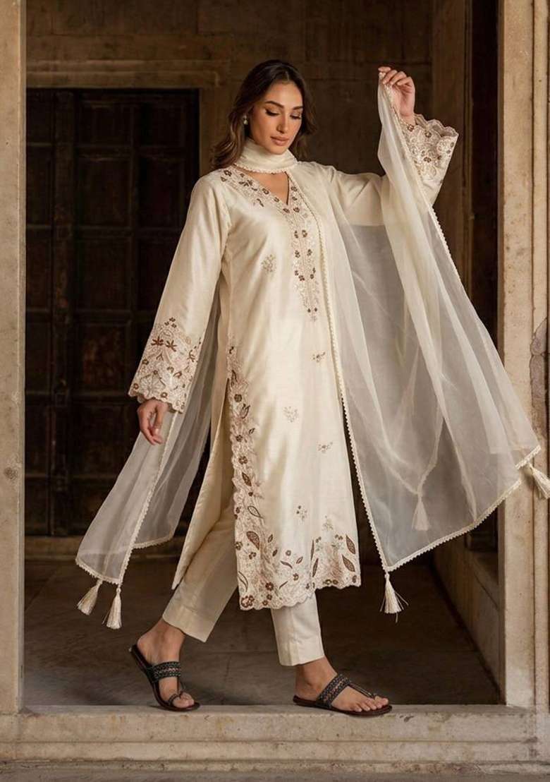 White Embroidered Roman Glass Palazzo Set - Indya