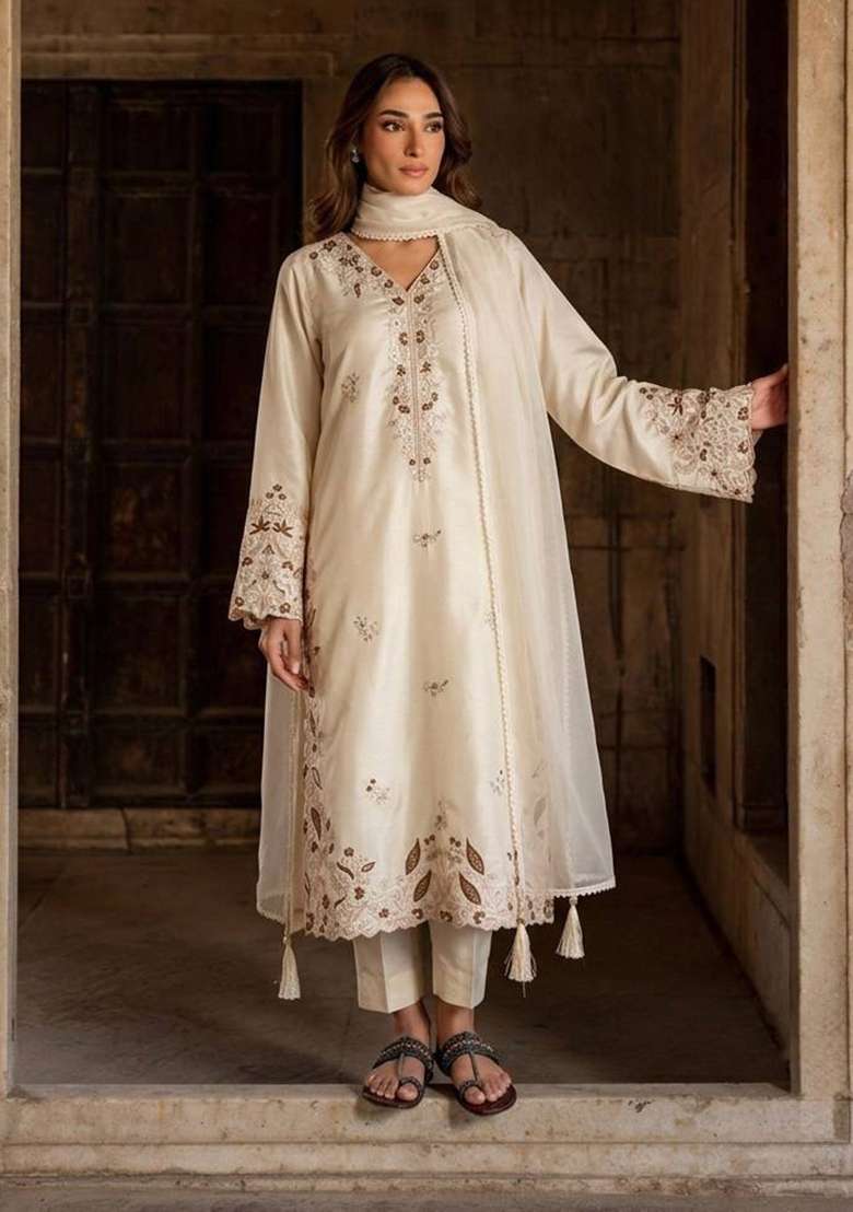 White Embroidered Roman Glass Palazzo Set - Indya