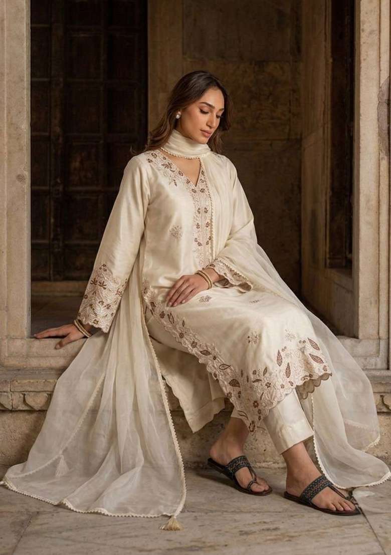 White Embroidered Roman Glass Palazzo Set - Indya