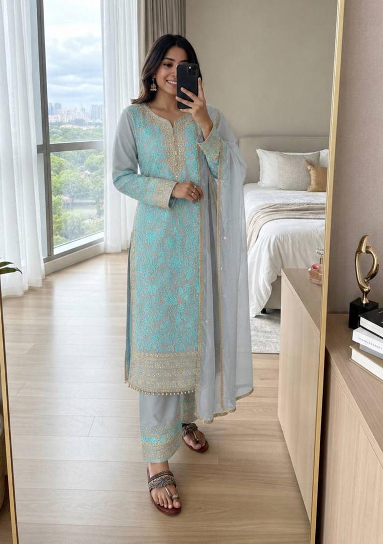 Blue Embroidered Georgette Kurta Set - Indya