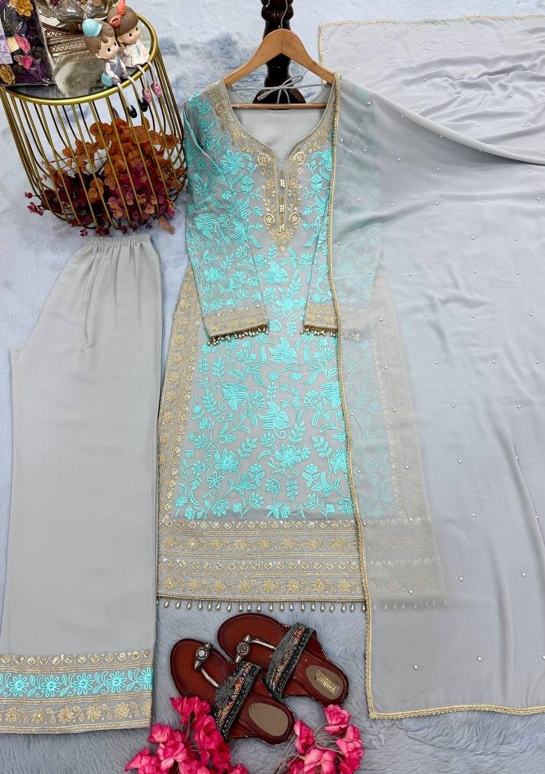 Blue Embroidered Georgette Kurta Set - Indya