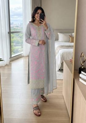 Pink Embroidered Georgette Kurta Set