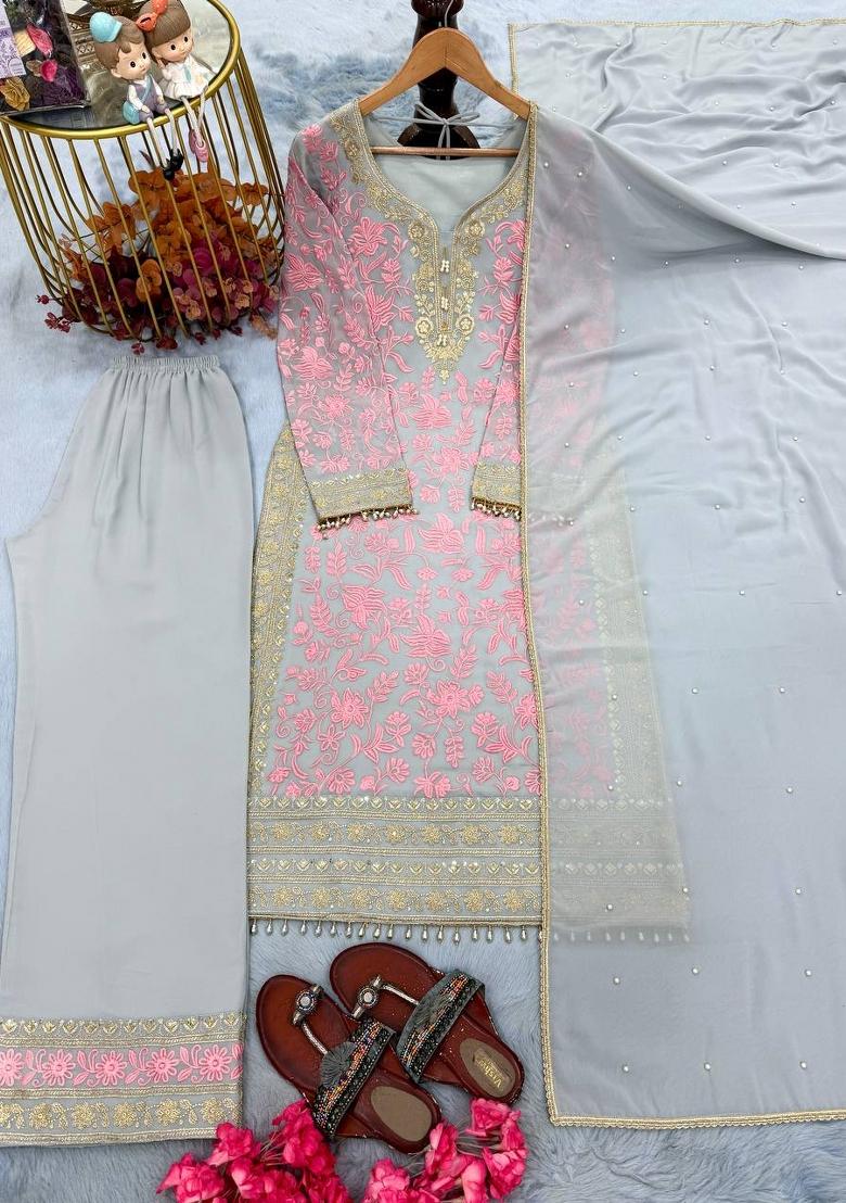 Pink Embroidered Georgette Kurta Set - Indya