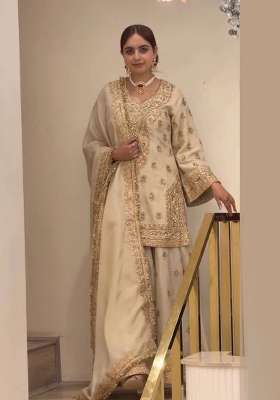 Golden Embroidered Chinon Kurta Set