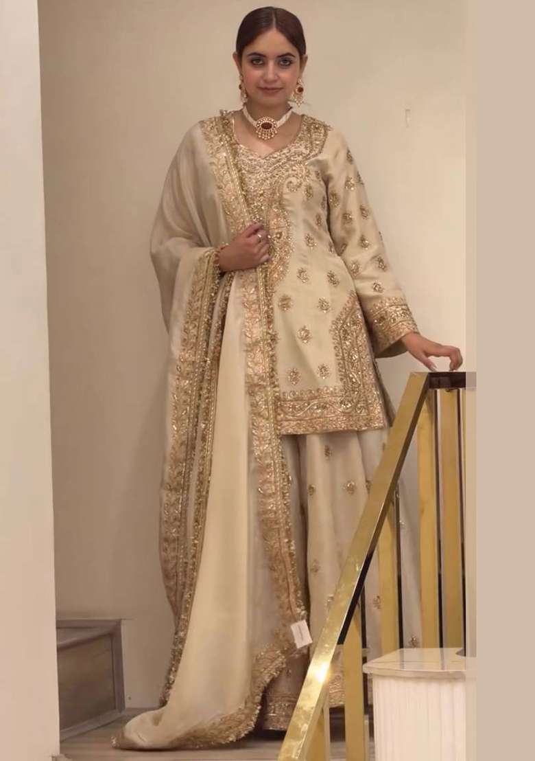 Golden Embroidered Chinon Kurta Set - Indya