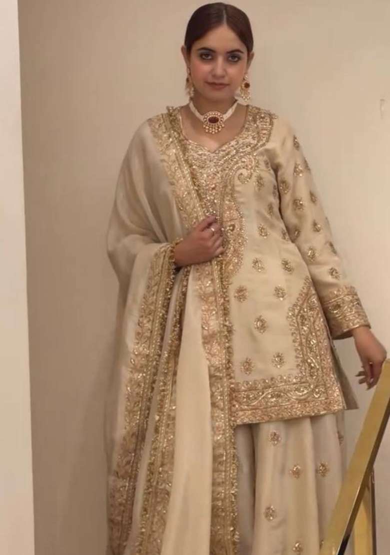 Golden Embroidered Chinon Kurta Set - Indya