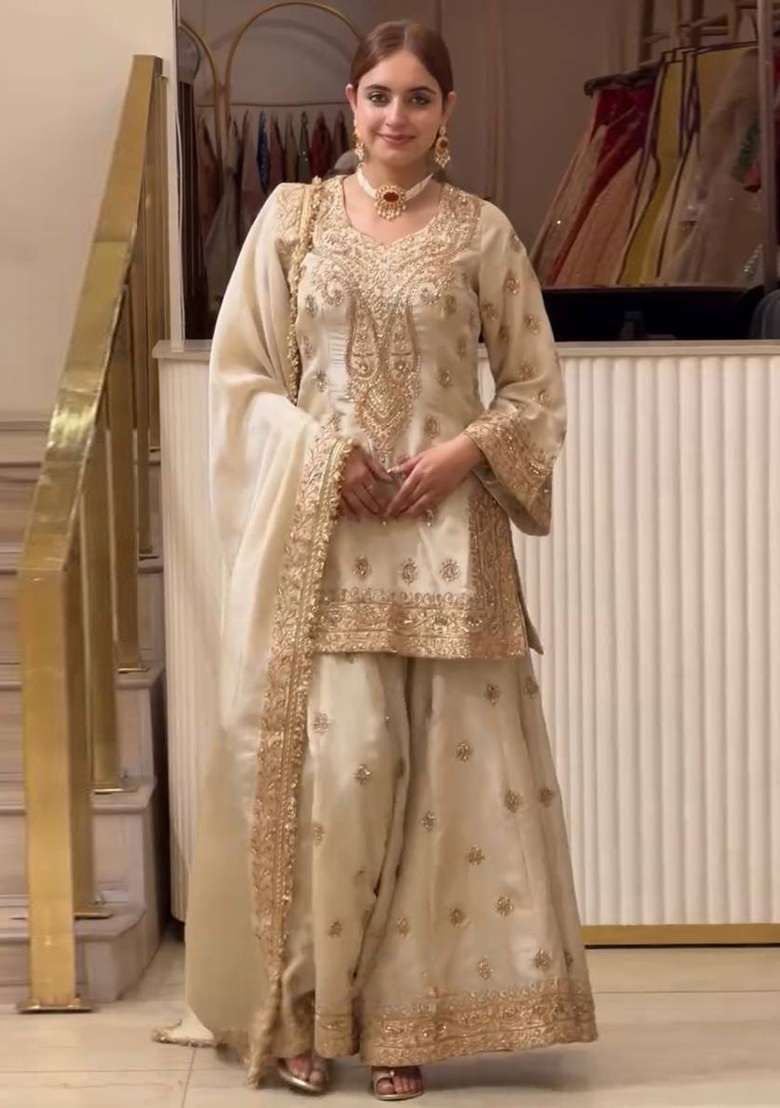 Golden Embroidered Chinon Kurta Set - Indya