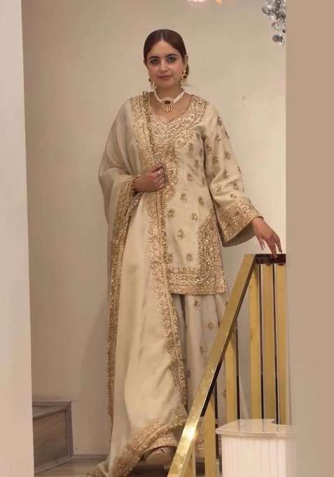 Golden Embroidered Chinon Kurta Set